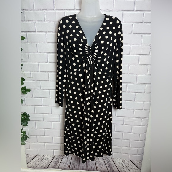 Halston Women's Polka-Dot Long-Sleeve Midi Dress/size L - Picture 1 of 10